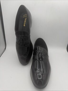 Mens Barclay black patent faux leather high polish formal slip on shoes sz 12 W